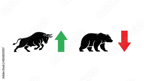 Minimal flat vector icon set representing bull and bear market trends