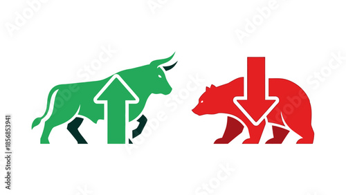 Minimal flat vector icon set representing bull and bear market trends
