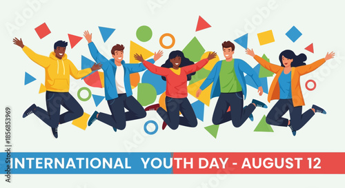 Diverse Young People Jumping Joyfully, International Youth Day Celebration