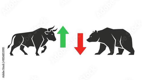 Minimal flat vector icon set representing bull and bear market trends