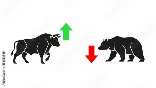 Minimal flat vector icon set representing bull and bear market trends