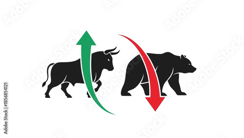 Minimal flat vector icon set representing bull and bear market trends