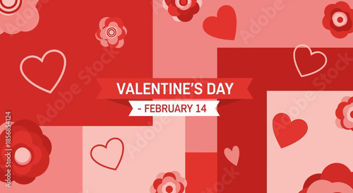 Valentine's Day banner with hearts and flowers in red and pink, February 14 celebration