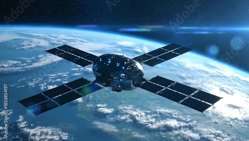 Celestial Sentinel: A sleek satellite gracefully orbits the Earth, its solar panels catching the light against the vast canvas of space. An awe-inspiring view.