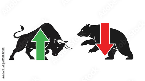 Minimal flat vector icon set representing bull and bear market trends