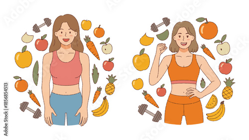 Digital illustration of two side-by-side human figures showing fitness transformation, healthy lifestyle concept, before and after body comparison, modern flat style, isolated on light background.