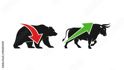 Minimal flat vector icon set representing bull and bear market trends