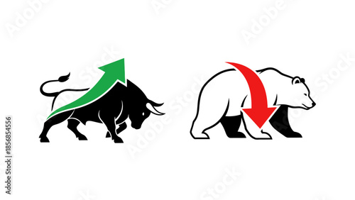 Minimal flat vector icon set representing bull and bear market trends