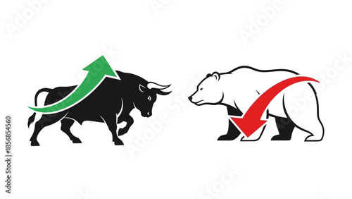 Minimal flat vector icon set representing bull and bear market trends