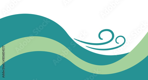 Abstract wavy lines and wind swirls on white background, teal and green color scheme