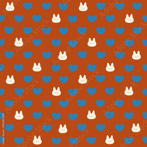 Seamless pattern with cute bunny heads and blue hearts on terracotta background.