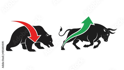 Minimal flat vector icon set representing bull and bear market trends