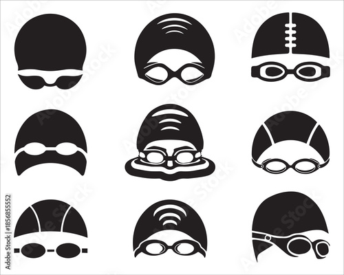 Swimmer Icon Set With Caps And Goggles