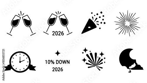 New Year's Eve Celebration Icons Champagne, Fireworks, Clock, and Countdown Graphics
