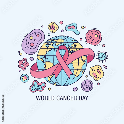 Global Cancer Awareness Ribbon with Cellular Elements