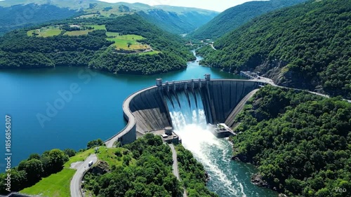 Hydroelectric Dam: Capturing the Power and Beauty of Nature: A majestic hydroelectric dam, constructed amidst lush mountains and crystal-clear water.