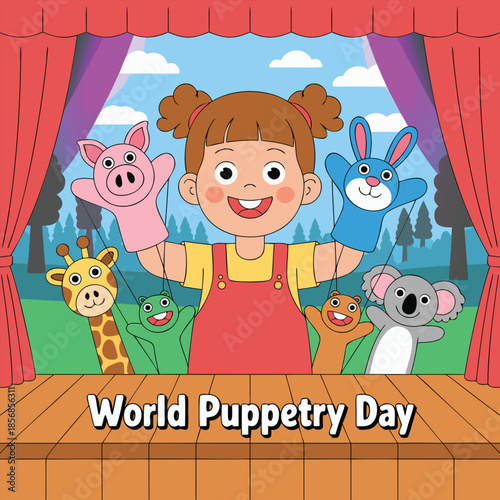 World Puppetry Day Vector Illustration on March 21 for Puppet Festivals which is moved by the Fingers Hands in Flat Kids Cartoon Background Design