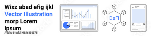 Financial dashboard with charts, decentralized finance DeFi network icon, and mobile app interface. Ideal for fintech, blockchain, data analytics, finance, crypto, tech startups simple landing page