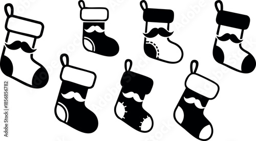 Christmas stockings vector set with simple black and white design for holiday decoration and festive themes