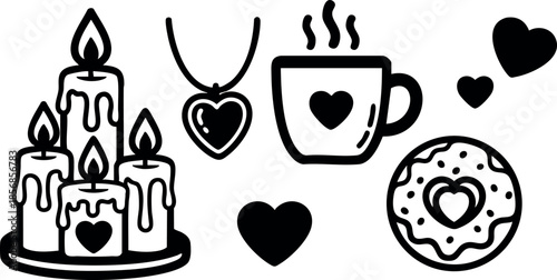 Valentine symbols including candles, heart necklace, coffee cup, donut with heart, and floating hearts in black vector illustration