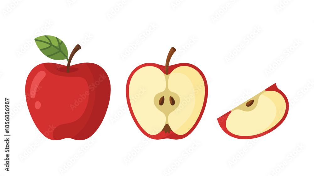 Fototapeta premium minimal flat design showing three red apples in a row, cartoon style, clean vector illustration, playful and modern look