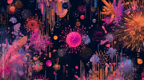 Vibrant abstract infographic with colorful virus cells and microorganisms on dark background, modern medical illustration