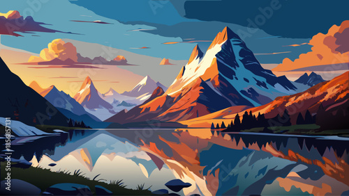 Very beautiful evening panorama of Bachalpsee reflecting rugged alpine peaks, glowing autumn colors, and dramatic clouds, creating a calm, mirror-like mountain lake scene.