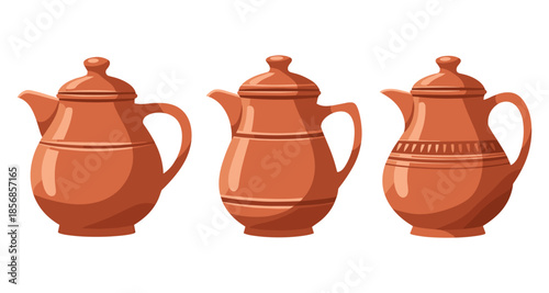 Collection of three rustic terracotta teapots with different decorative patterns