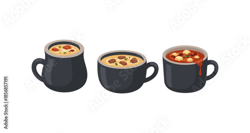 Three different types of hearty soup served in dark mugs with handles