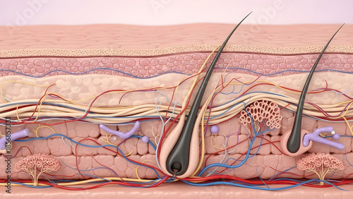 Anatomical diagram showing a detailed cross-section of human skin and hair follicle structure