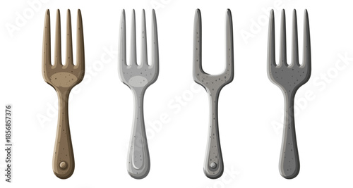 Collection of four different types of forks displayed side by side on a white background