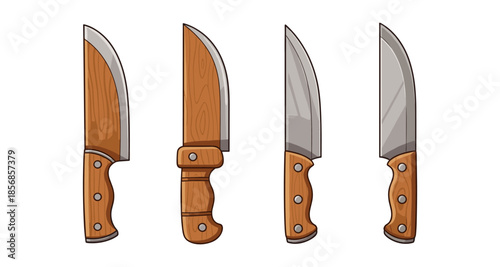Collection of four cartoon knives with wooden handles and steel blades