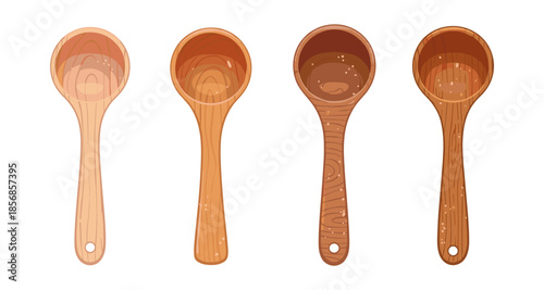 Set of four wooden spoons with different wood grains and colors