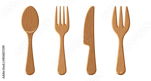 Set of wooden cutlery including spoon, knife, and forks on a white background