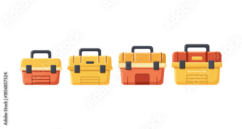 Collection of four colorful toolboxes in different sizes and designs