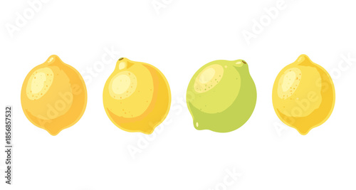 A row of three yellow lemons and one green lime on a white background