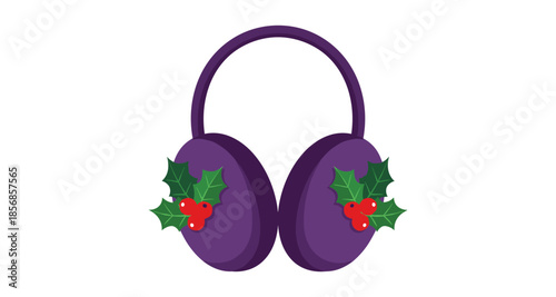 Purple earmuffs with festive holly berries and leaves for winter holidays