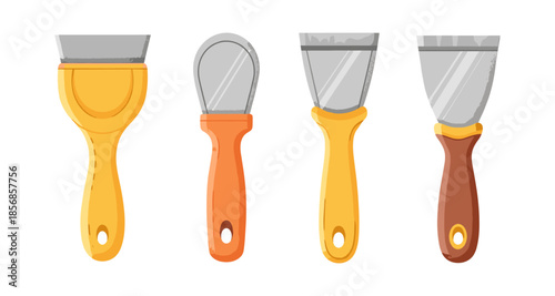 Collection of four colorful scrapers with metal blades and ergonomic handles