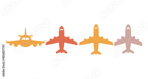 Collection of four stylized airplanes in warm, muted colors on a white background
