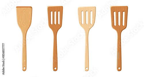 Set of four wooden spatulas with different designs and wood grains