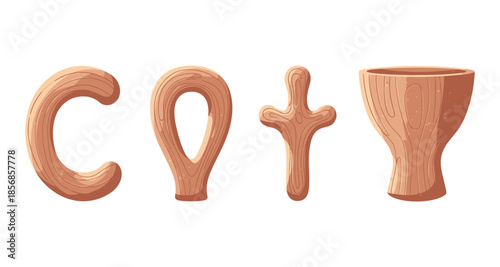 Four wooden symbols representing ancient Egyptian hieroglyphs and religious artifacts