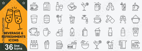 Cafe beverage & refreshment line icons collection. Coffee cups, fresh juices, soft drinks, cold beverages and more.