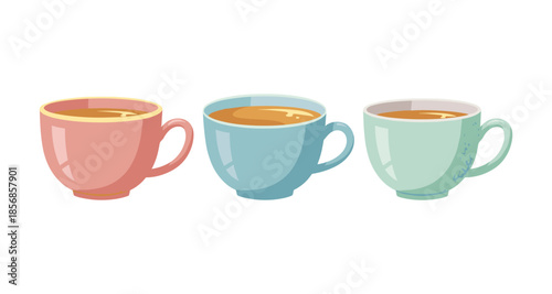 Three colorful cups of coffee or tea arranged in a row on a white background