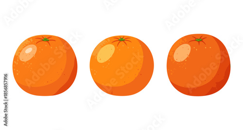 Three vibrant cartoon oranges arranged in a row on a white background