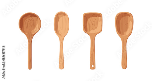 Set of four wooden kitchen utensils with different shapes and wood grain patterns