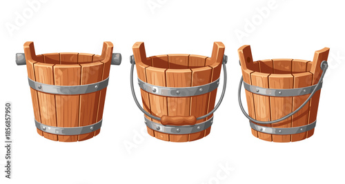 Three rustic wooden buckets with metal bands and handles displayed side by side