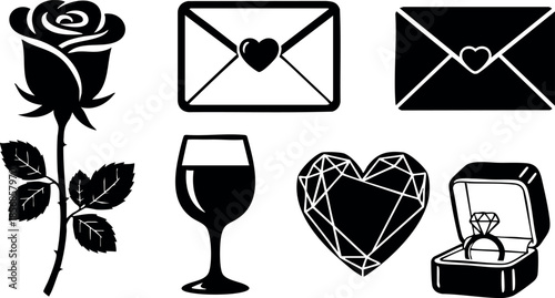 Romantic black silhouette vector icons of rose, love letters, wine glass, heart, and ring box design for Valentine or love themes