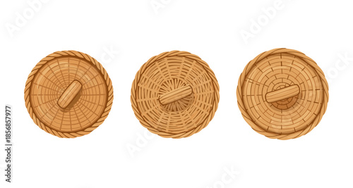 Three woven basket lids with handles seen from above, isolated on white background