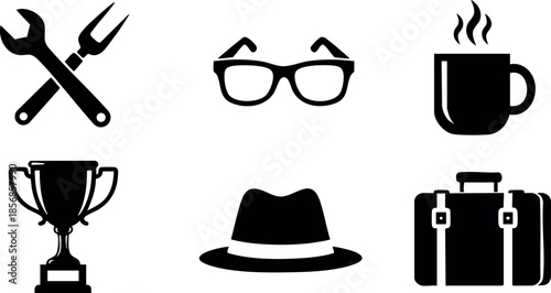 Set of six vector icons featuring tools trophy glasses coffee cup hat and suitcase for versatile design projects