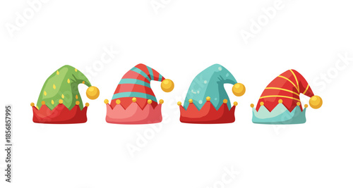 Collection of four festive elf hats with colorful designs and pom-poms